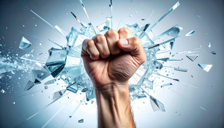 Close up of human hand breaking glass with fist. Success and victory conceptの素材