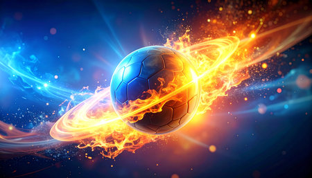 Soccer ball on fire with rays of light. Vector illustration.の素材
