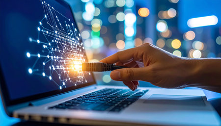 Woman hand using laptop with global network connection concept. 3D renderingの素材