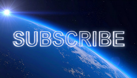 Subscribe - german word for subscription - text illustration with blue planet Earth background.の素材