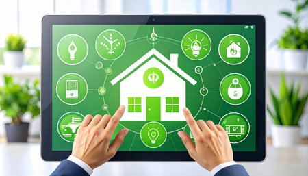 Smart home automation system with icons on the screen. Internet and technology concept.の素材