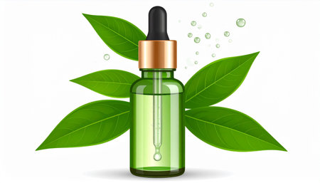 Essential oil in glass bottle with green leaves. Vector illustration.の素材