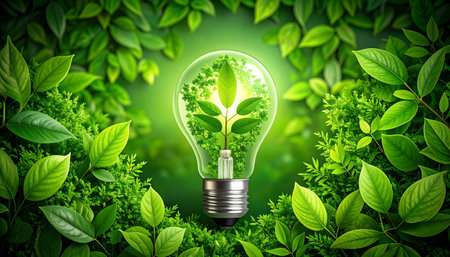 Green eco energy concept with light bulb and green leaves on nature backgroundの素材