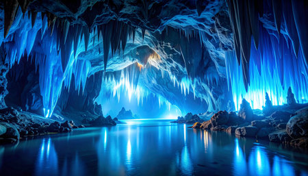 Stalactites and stalagmites in a cave.の素材