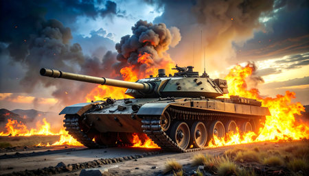 Heavy military tank on fire in the desert. 3D illustration.の素材