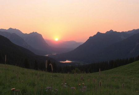 Sunset over Lake Obertoggenburg in Tyrol, Austriaの素材