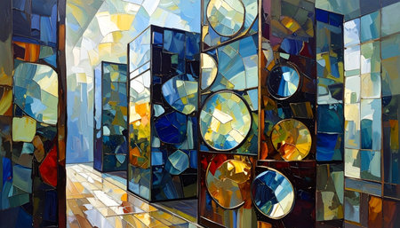 Detail of a stained glass window in a modern art gallery.の素材