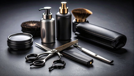 Professional hairdresser tools on black background. Shaving accessories.の素材
