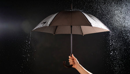 Close-up of human hand holding black umbrella under rain on black backgroundの素材