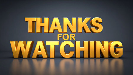 3d illustration of thanks for watching gold text over dark background.の素材
