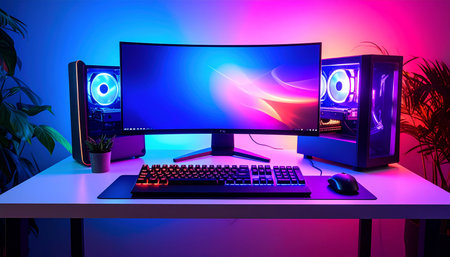 Computer desktop with a keyboard and mouse. 3d rendering, 3d illustration.の素材