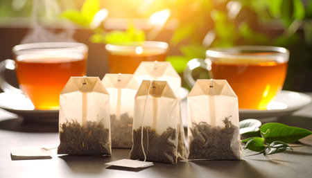 tea bag with tea leaves and cup on table in morning lightの素材