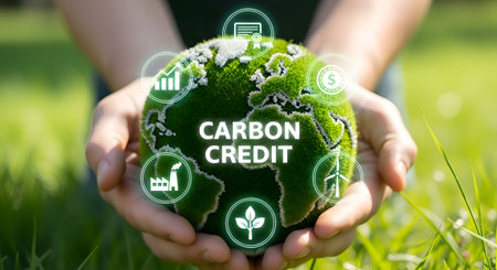 Conceptual image of green planet with eco friendly icons in handsの素材