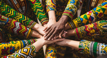 Group of african women holding hands together, close up. Unity conceptの素材