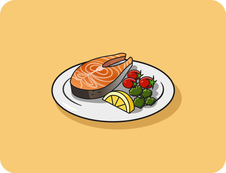 Grilled fish steak with tomato and lemon and vegetables served on a white plate, vector design and isolated background.のイラスト素材