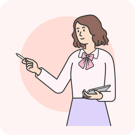 Female teacher holding a tablet pointing with a pencil, working woman presenting work, 2D character activity, vector design and isolated background.のイラスト素材