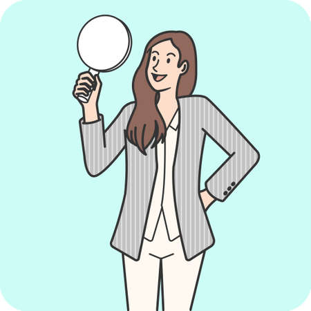 Woman holding a comment sign with a happy smile, The symbols can be freely put on the labels, 2D character activity, vector design and isolated background.のイラスト素材