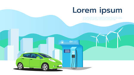 Electric cars parked to charge batteries at stations, clean energy for the future, illustrator design and isolated background.のイラスト素材