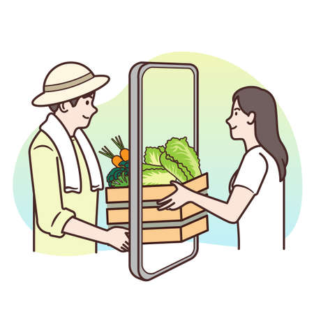 A farmer man wearing a hat on his head is delivering a wooden crate with vegetables inside to a woman who orders online via smartphone.のイラスト素材