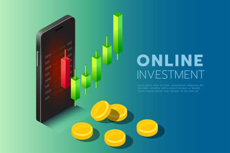 Online investment with smartphone, Candlestick charts and gold coins represent investment profits.のイラスト素材