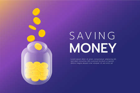 Concept design saving money, coin falling in a jug, Isometric vector illustration.のイラスト素材