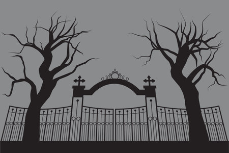 Halloween silhouette background with trees, tombstones, Cemetery in forest.のイラスト素材