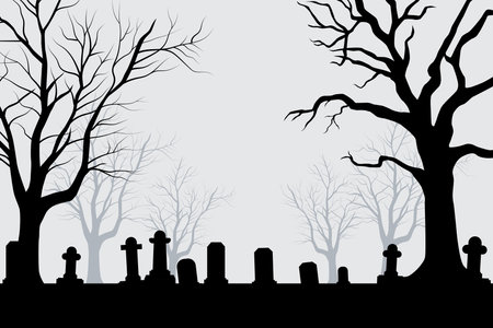 Halloween silhouette background with trees, tombstones, Cemetery in forest.のイラスト素材