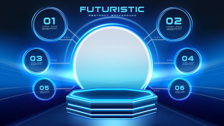Futuristic abstract background with circle glowing blue elements, infographic layout, and modern technology design.のイラスト素材