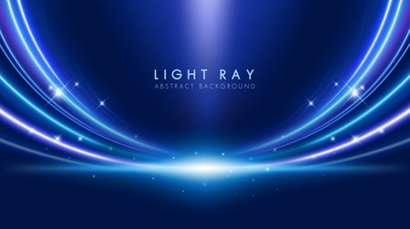 Abstract blue curved light rays with sparkling particles. Futuristic technology or modern background.のイラスト素材