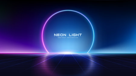 Abstract background with neon glowing circle light and gradient colors, for futuristic modern backdrop designs.のイラスト素材