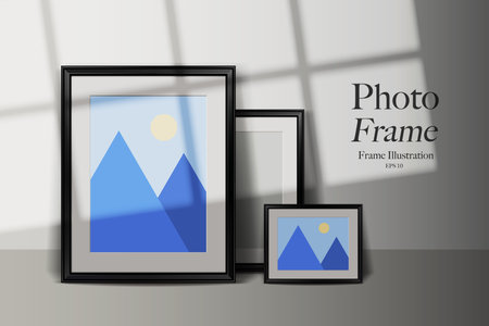 Collection of black photo frame mockups leaning on a wall with window shadows. Realistic shadow and light effect. Interior design concept.のイラスト素材