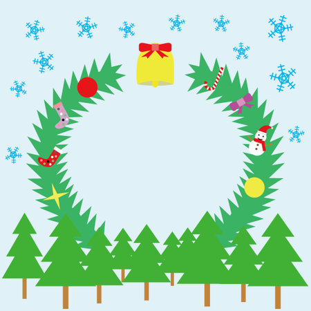 Trees and circular Christmas decorations and falling snow vector image illustrationのイラスト素材