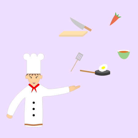 Chef character and various cooking utensils and ingredients vector image illustrationのイラスト素材