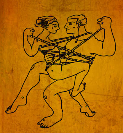 couple dances tied with ropes in love embrace on golden yellow backgroundの写真素材