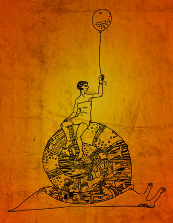 Girl with balloon is riding a snail that has shell with complicated patternの写真素材