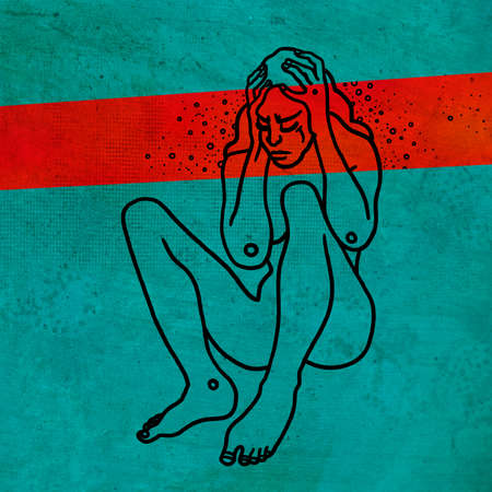 Despaired woman suffering from headache on blue background with red stripeの写真素材