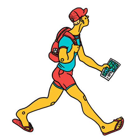 Man traveling with map and backpack on white backgroundの写真素材