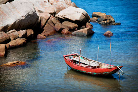 Red small Boat on coast, Hong Kongの写真素材