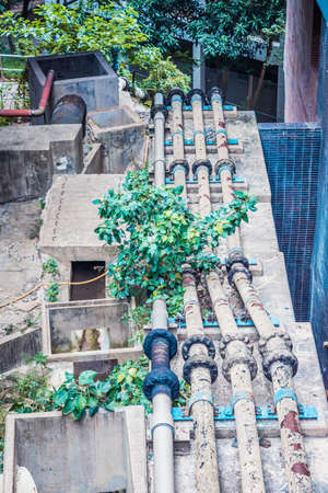 Pipes next to buildings, cover by plants
