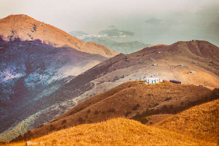 White house on hill, Autumn, Asiaの写真素材