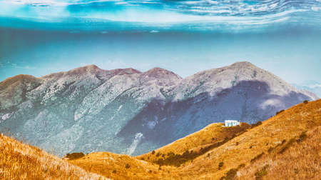 White house on hill, Autumn, Asiaの写真素材