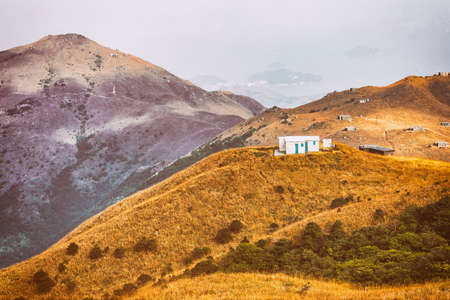 White house on hill, Autumn, Asiaの写真素材