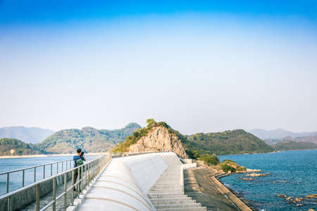 Walk path on a Dam of reservoir, outdoor