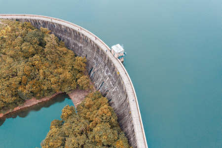 Dam of a reservoir in aerial viewの写真素材