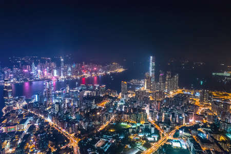 cyberpunk mood of the nightscape of Kowloon downtown area, Hong Kong, panoramaのeditorial素材