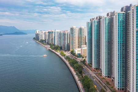 Beautiful aerial shot of the shore of Ma On Shan. New Territories, Hong Kong, outdoor, daytimeの写真素材