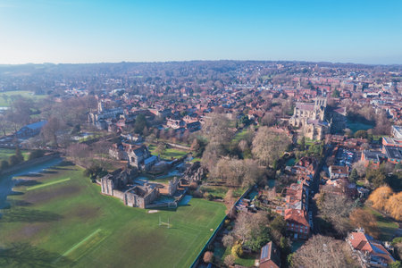 Beautiful aerial view of the famous English Heritage site, Wolvesey Castle, the Monumental remains, bishops of Winchester, daytimeの写真素材