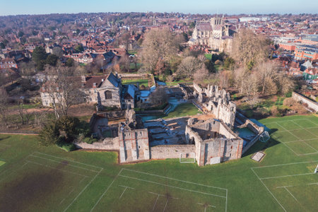 Beautiful aerial view of the famous English Heritage site, Wolvesey Castle, the Monumental remains, bishops of Winchester, daytimeの写真素材