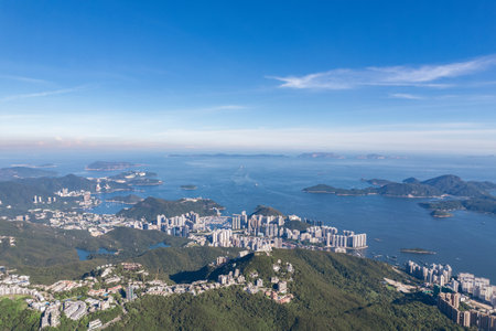 Beautiful aerial view of Mountains, Lamma Island and Aberdeen of Hong Kong, in a clear summer day.の写真素材