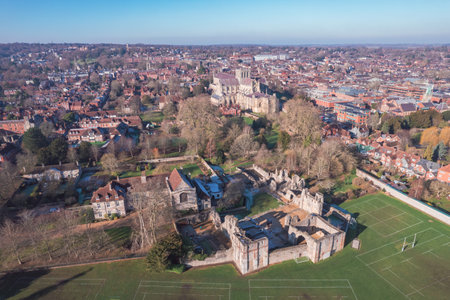 Beautiful aerial view of the famous English Heritage site, Wolvesey Castle, the Monumental remains, bishops of Winchester, daytimeの写真素材